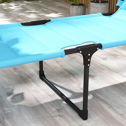 Outsunny 2 Pieces Outdoor Lounge Chair, Adjustable Backrest Folding Chaise Lounge, Cushioned Tanning Chair with Sunshade Roof & Pillow Headrest for Beach, Camping, Hiking, Light Blue