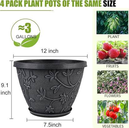 Nooulap 4 Pack 12 Inch Plant Pots for Outdoor Indoor, Plastic Flower Pots with Drainage Hole & Saucer, Modern Decorative Large Garden Pot, Imitation Magnolia Pots for Garden House Planters（Gray）
