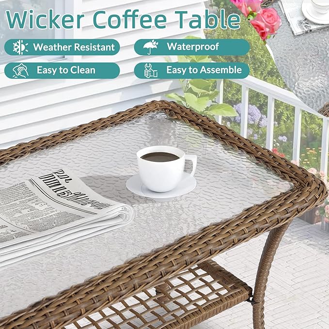 MEETWARM Wicker Patio Coffee Table, 34.5" Rectangle Outdoor Coffee Table with Tempered Glass Top and 2-Tier Storage Shelf, All-Weather Rattan Patio Side Table for Outside Poolside Deck Garden, Brown