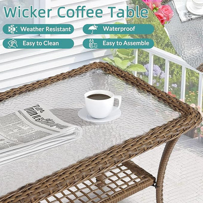 MEETWARM Wicker Patio Coffee Table, 34.5" Rectangle Outdoor Coffee Table with Tempered Glass Top and 2-Tier Storage Shelf, All-Weather Rattan Patio Side Table for Outside Poolside Deck Garden, Brown