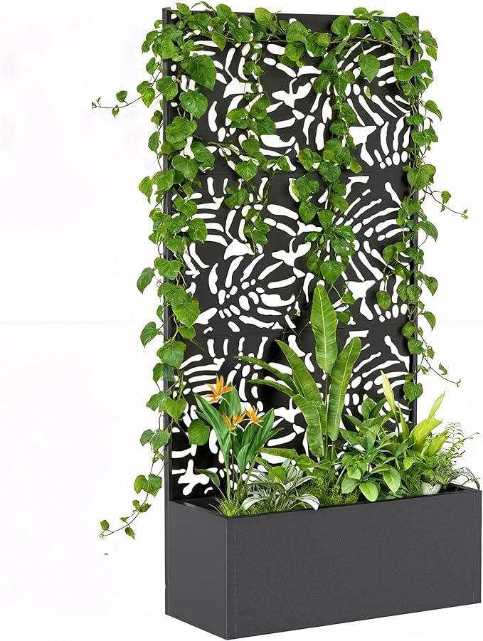 Outsunny Metal Planter Box with Trellis, 71" Tall Raised Garden Bed with Trellis Privacy Screen and Drainage Holes, Banana-Leaf Cut-Out Outdoor Privacy Planter for Climbing Plants, Vegetables, Vines