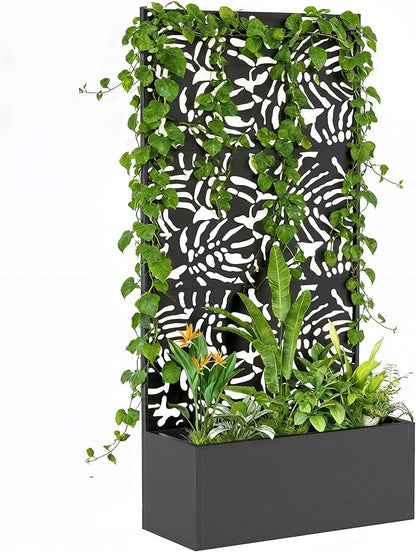 Outsunny Metal Planter Box with Trellis, 71" Tall Raised Garden Bed with Trellis Privacy Screen and Drainage Holes, Banana-Leaf Cut-Out Outdoor Privacy Planter for Climbing Plants, Vegetables, Vines