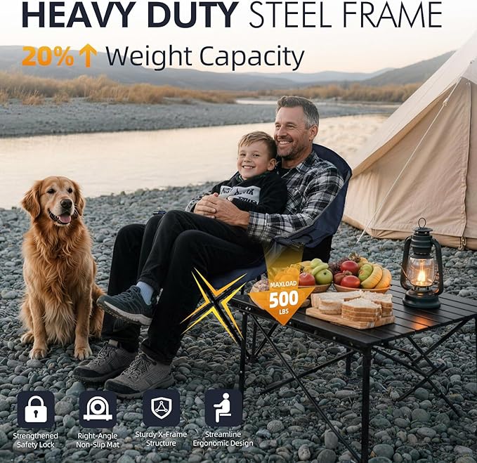 Oversized Camping Chairs for Adults - Heavy Duty Padded Outdoor Folding Lawn XL Camp Chair with Cup Holder Cooler Pockets for Sports Beach Fishing Garden Portable Supports 500lbs, Blue/Grey