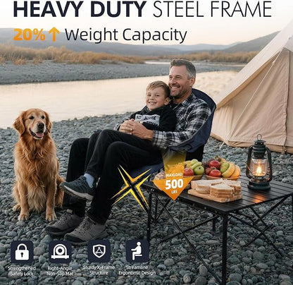 Oversized Camping Chairs for Adults - Heavy Duty Padded Outdoor Folding Lawn XL Camp Chair with Cup Holder Cooler Pockets for Sports Beach Fishing Garden Portable Supports 500lbs, Blue/Grey