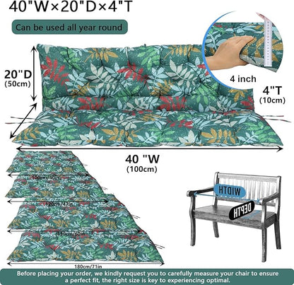 Outdoor Swing Cushions 3 Seater Waterproof, Replacement Bench Cushions for Outdoor Patio Furniture with Backrest, Porch Swing Cushion with Ties for Lawn and Garden (Green Flowers, 40x40in)