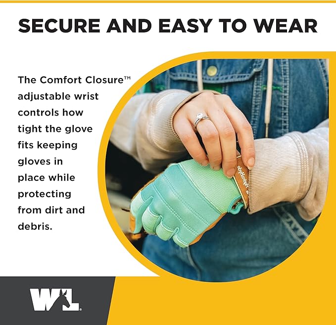 Wells Lamont Women's HydraHyde Leather Hybrid Gloves – Water-Resistant, Durable Cowhide Palm, Spandex Stretch Back – Ideal Landscaping/Farming/Gardening Gloves – Adjustable Wrist – Large, Blue (3250L)