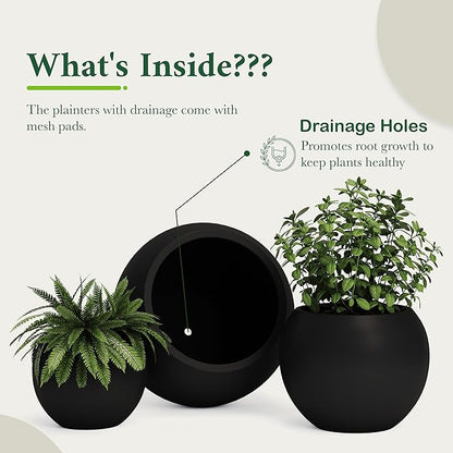 DTY Signature Mount Sherman Modern Indoor Outdoor Fiberstone Sphere Planter, Durable Round Garden Pot, Weather Resistant, Drainage Hole & Rubber Plug, Planter for Christmas Tree - Medium, Black