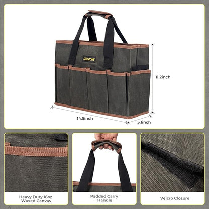 Tool Bag 16 oz. Waxed Canvas Tool Bag Large Capacity Tool Storage Tote comes with a Main Compartment and 12 Exterior Pockets for Wrenches, Scissors, Hammers or a set of Garden Tools and More ArmyGreen