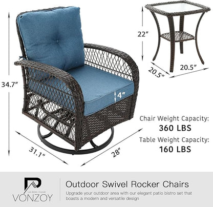 3 Pieces Patio Furniture Set, Outdoor Swivel Glider Rocker, Wicker Patio Bistro Set with Rocking Chair, Thickened Cushions and Table for Porch (Blue)
