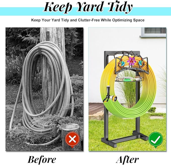 Garden Hose Holder, Heavy Duty Metal Water Hose Holder with Storage Basket, Freestanding Hose Stand Hanger, Sturdy Hoses Storage Rack 150-feet for Outside Yard Lawn