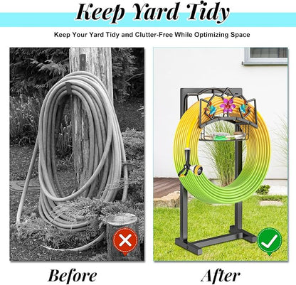 Garden Hose Holder, Heavy Duty Metal Water Hose Holder with Storage Basket, Freestanding Hose Stand Hanger, Sturdy Hoses Storage Rack 150-feet for Outside Yard Lawn