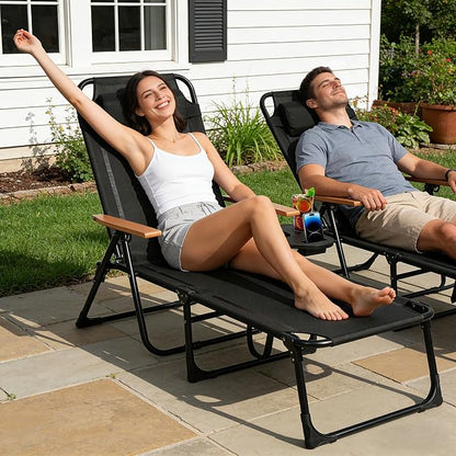 Beach Lounge Chair, Folding Outdoor Chaise Lounge Chair with Arms, 4-Position Backrest, Extended Sun Tanning Chair Pillow & Cup Holder, Patio Lounger for Outside for Beach Pool Patio Yard (Black)