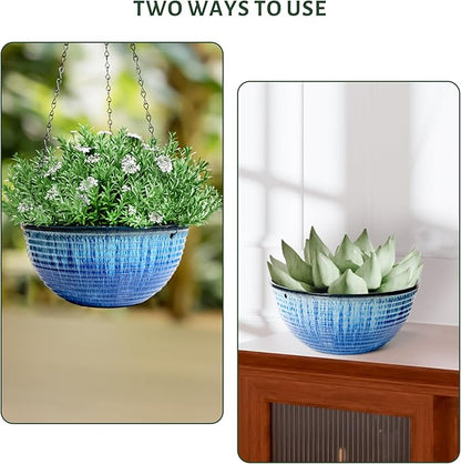 10inch Hanging Planters for Indoor and Outdoor Plants, 2 Pack Hanging Planter with Drainage Hole, Round Hanging Flower Pots for Garden Home Decor (Blue Glaze)