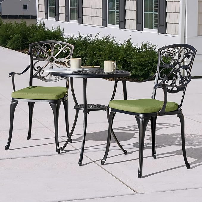 NUU GARDEN 3-Piece Outdoor Bistro Set with Cushions, Round 24 Inch Cast Aluminum Round Table with 1.77" Umbrella Hole and 2 Cast Aluminum Armchairs with Cushions, Black with Gold-Painted Edge