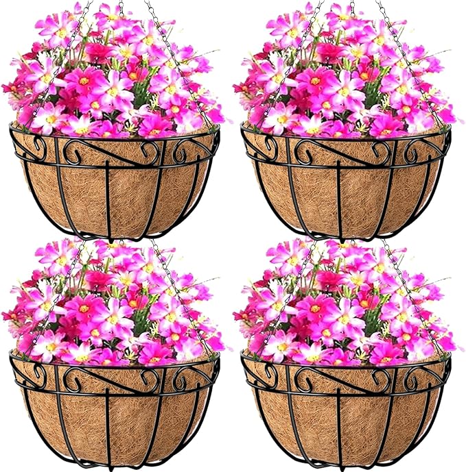 Amagabeli 4 Pack 14 Inch Metal Hanging Baskets Planter Outdoor Round Wire Hanging Basket for Plants with Coco Fiber Liners Chain Plant Holder for Garden Patio Deck Porch Plants Vegetables Flower Pots