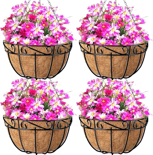 Amagabeli 4 Pack 14 Inch Metal Hanging Baskets Planter Outdoor Round Wire Hanging Basket for Plants with Coco Fiber Liners Chain Plant Holder for Garden Patio Deck Porch Plants Vegetables Flower Pots