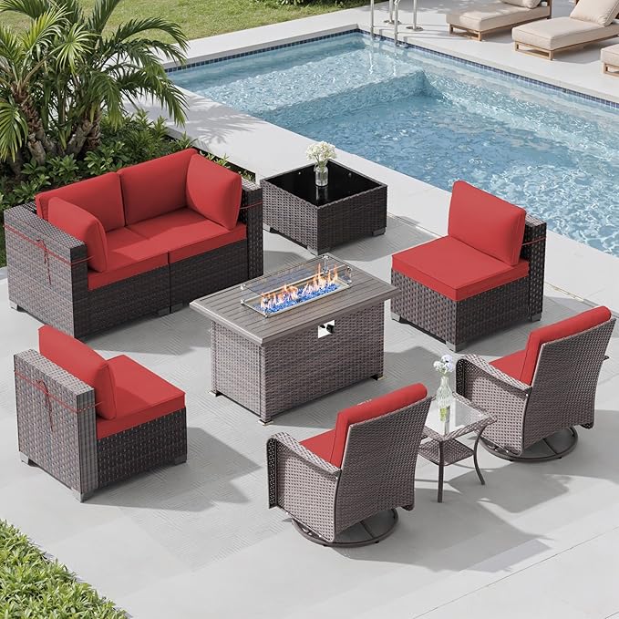 9 Pieces Outdoor Patio Furniture Set with 43" 55000BTU Gas Propane Fire Pit Table & Swivel Rocking Chairs, PE Wicker Rattan Outdoor Sectional Patio Set, Outdoor Patio Conversation Set, Red