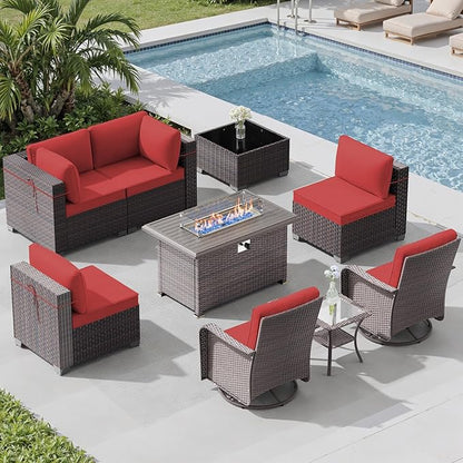 9 Pieces Outdoor Patio Furniture Set with 43" 55000BTU Gas Propane Fire Pit Table & Swivel Rocking Chairs, PE Wicker Rattan Outdoor Sectional Patio Set, Outdoor Patio Conversation Set, Red