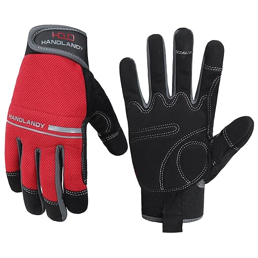 HANDLANDY Work Gloves Men & Women, Utility Safety Working Gloves Touch Screen, Flexible Breathable Yard Work Gloves (Extra Large, Red)