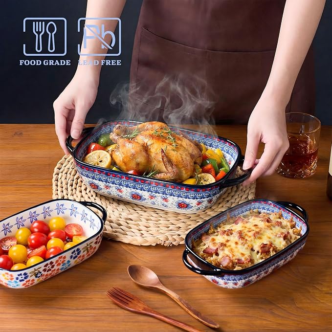 Ceramic Casserole Dishes for Oven, Hand-painted Polish Pottery Baking Dish Set of 2, 0.8QT / 2QT Porcelain Casserole Dishes with Handles, Baking Pan Lasagna Pan, Gift for Family/Friend (Blue)