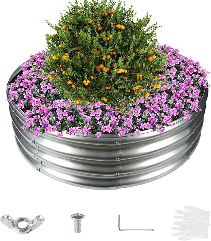 36 Inch Diameter Galvanized Garden Raised Bed/Plant Box/Fire Pit Ring-0.8mm Thick,12 Inch Tall,Crimped Edge and Corner,No Sharpe,Perfect for Plantings (Silver, 36 Dia X 11.5 inches)