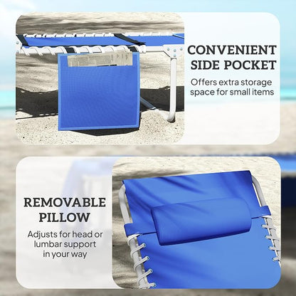 Outsunny Tanning Chair Set of 2 with Face Hole, Side Table, 5-Position Reclining Folding Chaise Lounge Chair Outdoor Lounger Recliner, Carry Straps for Beach Pool Camp, Breathable Mesh, Navy Blue