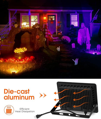 L LOHAS LED Orange Christmas Halloween Flood Light Outdoor, 𝑨𝒖𝒕𝒐 𝑶𝑵/𝑶𝑭𝑭 50W Plug in Flood Lights, IP66 Waterproof 2300lm Outdoor Lights for Yard, Garage, Party, UL Listed, 2 Pack