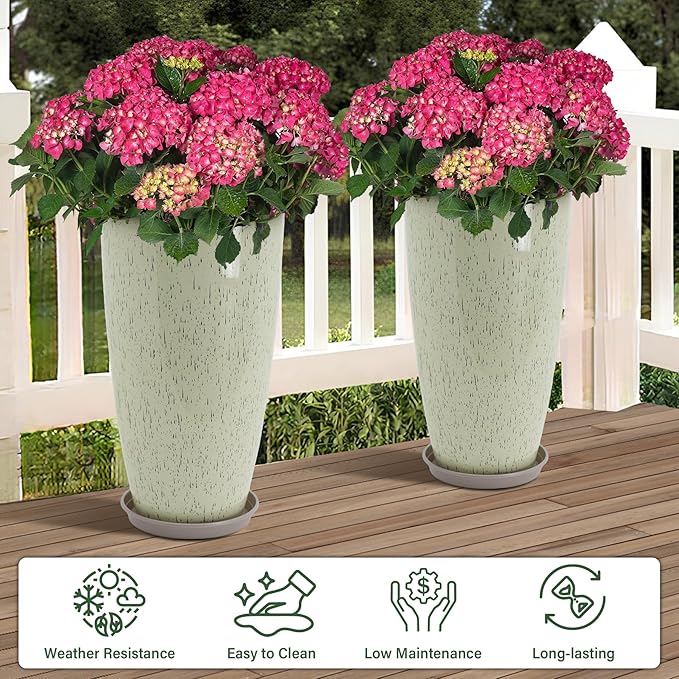 Neoaider Set of 2 Lightweight Ceramic-Look Tall Planter, 21 inch Large Plastic Planter with Drain Hole & Saucers, Large Outdoor Planters for Porch, Garden, Patio, Balcony(Drip Glaze)