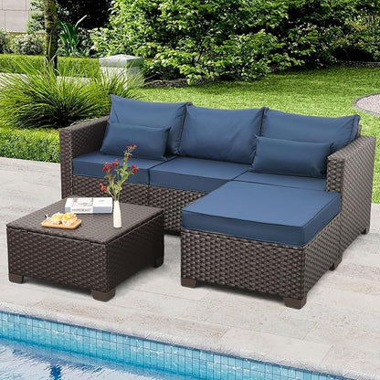 Patio Furniture Set 3 Pieces Outdoor Sectional Sofa Set Wicker Patio Furniture Outdoor Couch Outdoor Ottoman Coffee Table with Storage All-Weather Anti-Slip Cushions Waterproof Covers, Navy Blue