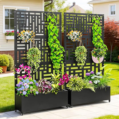 Nexum Metal Planter Box with Trellis & Wheels, 71"x47"x16" Planter Boxes Outdoor with Drainage Holes, Privacy Planters for Patio, Balcony, Backyard, Poolside