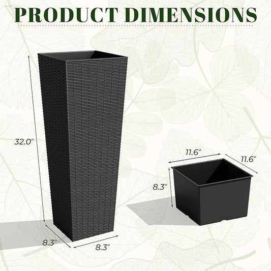 JUMMICO Set of 2 Resin Rattan Tall Planters for Outdoor Plants, Large Tapered Planters with Drainage Holes&Inner Trays, Flower Pots for Garden, Patio, Porch, Backyard (Black, 32'')