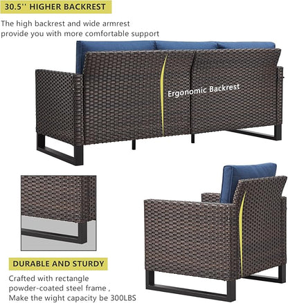 HUMMUH 10 Piece Patio Furniture Set PE Wicker 3 Outdoor Sectional Sofa Set with Patio Chairs Dinning Table Ottomans for Porch,Garden,Backyard,Deck(Brown/Blue)