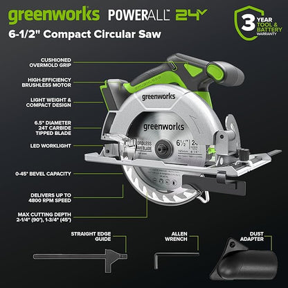 GREENWORKS 24V (6-TOOL) Combo (Drill, Impact Driver, Circular Saw, Reciprocating Saw, Multi-Tool, Flashlight), 4.0Ah + 2.0Ah (24,000mAh Power Bank) Batteries, (2) Cables, 65W Rapid Charger
