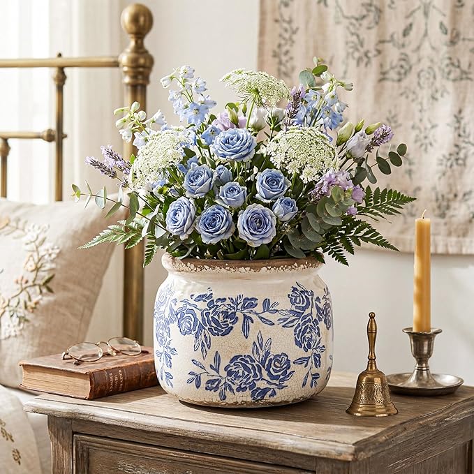 7.7" Large Vintage Ceramic Plant Pot Blue White Rose Crackle Glaze Rustic Flowers Pot Decorative Planter with Drainage for Indoor Outdoor Plants Kitchen Office Home Decor Gift