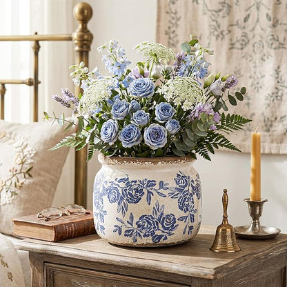7.7" Large Vintage Ceramic Plant Pot Blue White Rose Crackle Glaze Rustic Flowers Pot Decorative Planter with Drainage for Indoor Outdoor Plants Kitchen Office Home Decor Gift