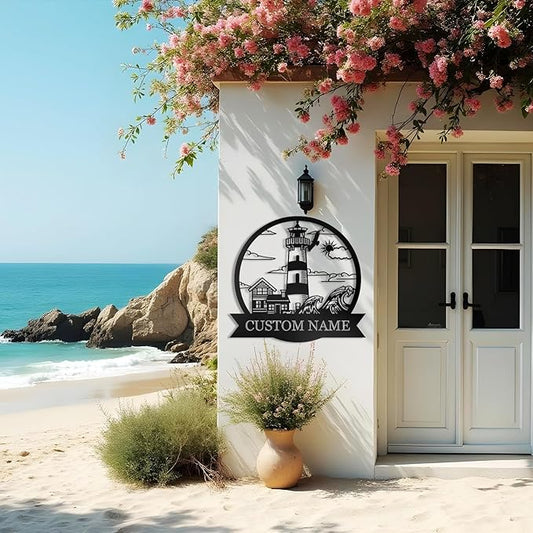 Personalized Metal Sign, Nautical Outdoor Decor, Lighthouse Beach Sign, Cabin Wall Art, Sailing Gift, Home Decor