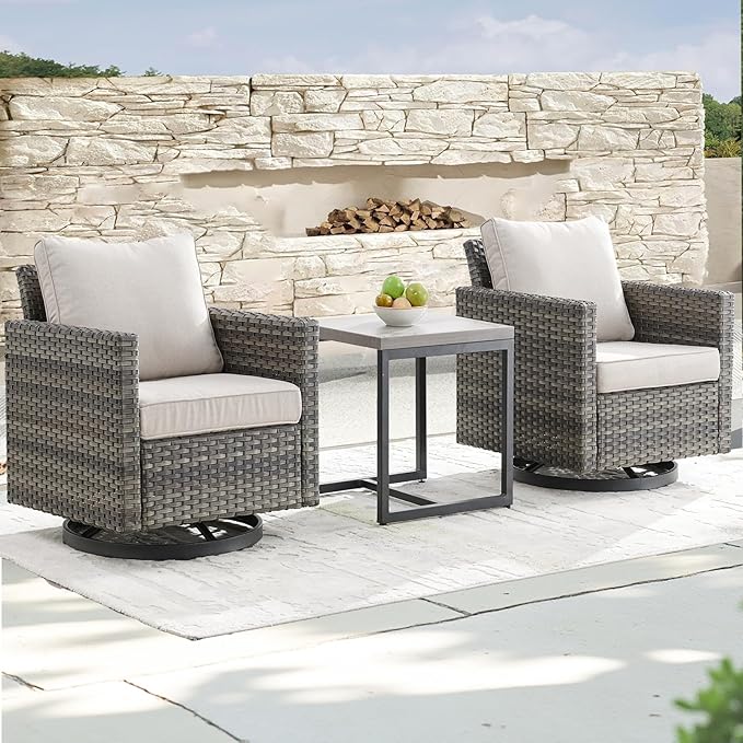 Outdoor Patio Swivel Rocker Chairs - 3 Piece Wicker Patio Furniture Bistro Swivel Rocking Chairs Set with Comfortable Cushions,Sturdy Metal Frame and Side Table for Porch Deck(Mixed Grey/Beige)