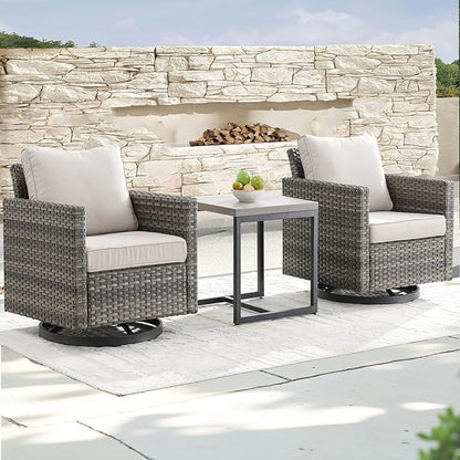 Outdoor Patio Swivel Rocker Chairs - 3 Piece Wicker Patio Furniture Bistro Swivel Rocking Chairs Set with Comfortable Cushions,Sturdy Metal Frame and Side Table for Porch Deck(Mixed Grey/Beige)
