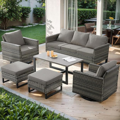 Wicker Outdoor Patio Furniture Set - 6 Piece Patio Conversation Set with 2 Swivel Rocker Chairs,2 Rattan Ottoman,1 Couch and 1 Metal Coffee Table for Outside Porch Deck Backyard(Mixed Grey/Grey)