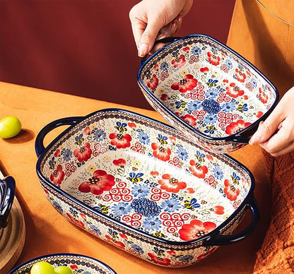 Vintage Flowers Style Ceramic Bakeware Casserole Dish Baking Pan Lasagna Pans Baking Dish with Handles for Oven/Cooking/Kitchen-1 PCS-Red Flowers-60 OZ