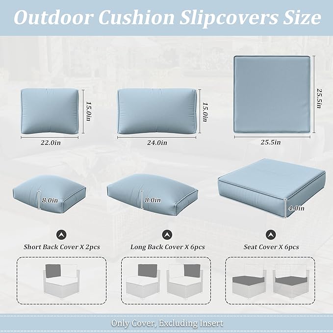 14 Pcs Outdoor Cushion Slipcovers Outdoor Patio Cushion Covers Replacement Waterproof with Zipper for Outdoor Furniture, Patio Sofa Couch 3 Sizes, Covers Only