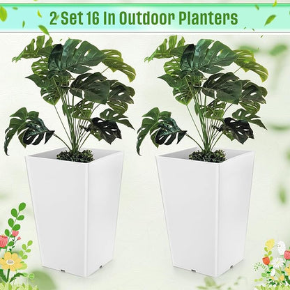 Set of 2 15.75 Inch Large Taper Planters Outdoor Indoor Tall Resin Flower Pots with Drainage Holes Modern for Front Door Patio Backyard Plants(White)