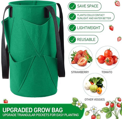 SATINIOR 10 Pack Upside Down Strawberry Planter Set Hanging Vegetables Grow Bags with 10 S Hooks, 3 Gallon Fabric Planting Bags for Easy Vertical Gardening(Deep Green)
