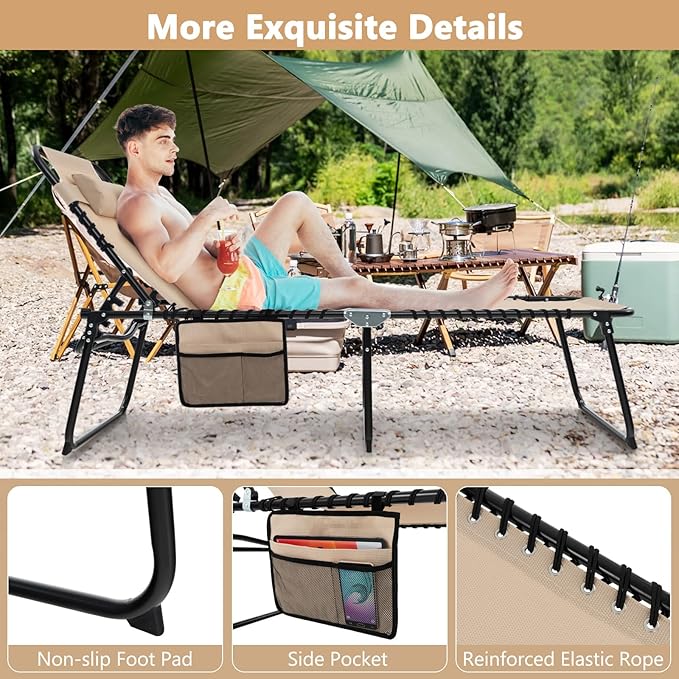 Giantex Patio Lounge Chairs for Outside - Folding Tanning Chair w/Headrest, 4 Adjustable Positions, Side Pocket, Outdoor Chaise Lounge for Camping, Pool, Sunbathing Beach Chair, Beige
