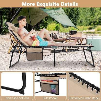 Giantex Patio Lounge Chairs for Outside - Folding Tanning Chair w/Headrest, 4 Adjustable Positions, Side Pocket, Outdoor Chaise Lounge for Camping, Pool, Sunbathing Beach Chair, Beige