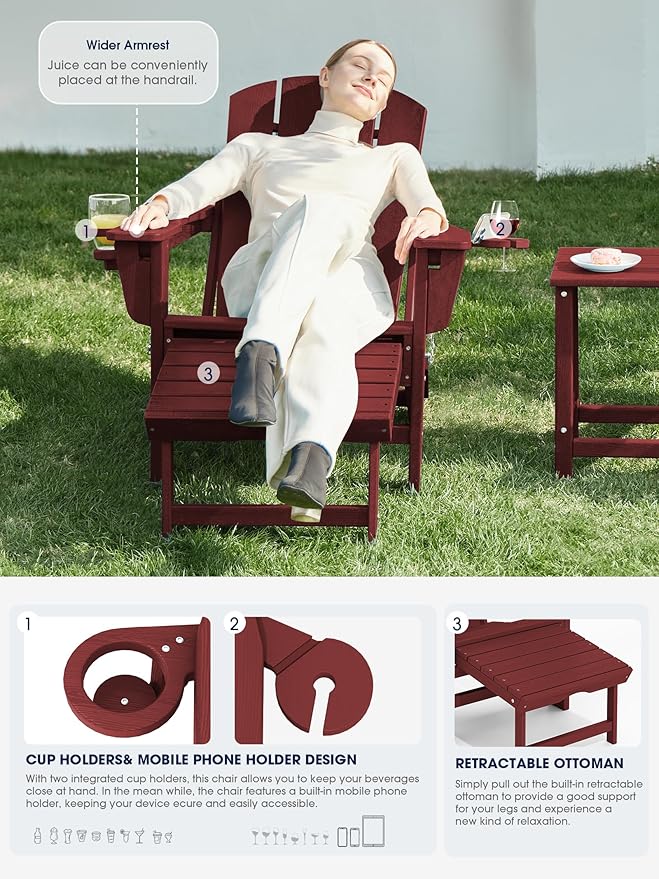 KINGYES Folding Adjustable Adirondack Chair with Ottoman & 2 Cup Holders, HDEP Multifunctional Adirondack Chair with Footrest, Red