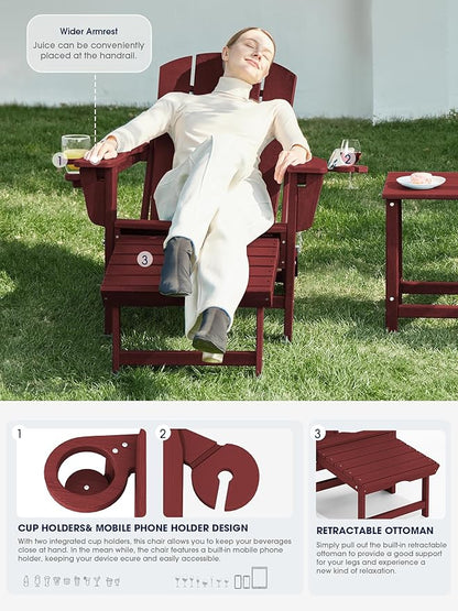 KINGYES Folding Adjustable Adirondack Chair with Ottoman & 2 Cup Holders, HDEP Multifunctional Adirondack Chair with Footrest, Red