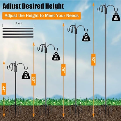 FEED GARDEN Heavy Duty Shepherds Hook 92" Triple Hooks - Metal 5-Prong Base, Adjustable (44/60/76/92") - 15lb Capacity Bird Feeder Pole for Hanging Plants, Solar Lanterns, Wind Chimes, 1 Pack