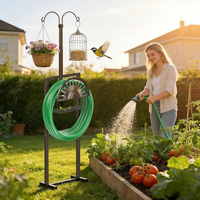 GOFORWILD Heavy Duty Garden Hose Reel with 2 Shepherds Hooks, Holds 150-Feet of 5/8 Inch Hose, 77Inch Freestanding Hose Hanger with Storage Basket