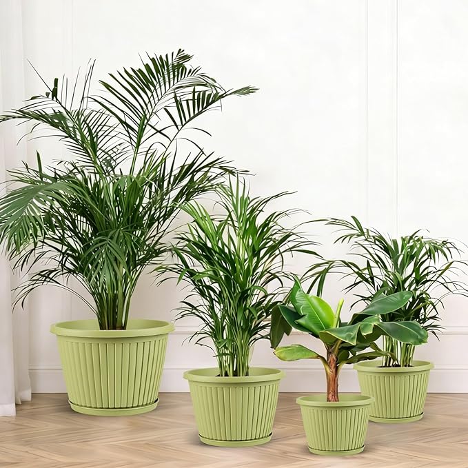 14-inch-Large-Planters-for-Outdoor-Plant，Plastic Indoor Flower Pots with Drainage Holes & Saucer，4 Packs Decorative Garden Pots for Plantfor Home Porch Decor